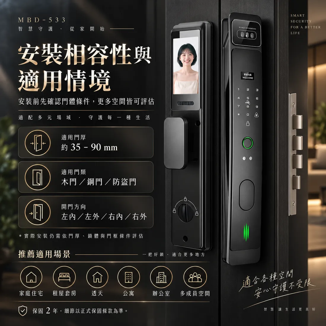 MBD-533 安裝相容性:適用門厚約 35–90 mm,木門/鋼門/防盜門,開門方向左內左外右內右外,保固 2 年